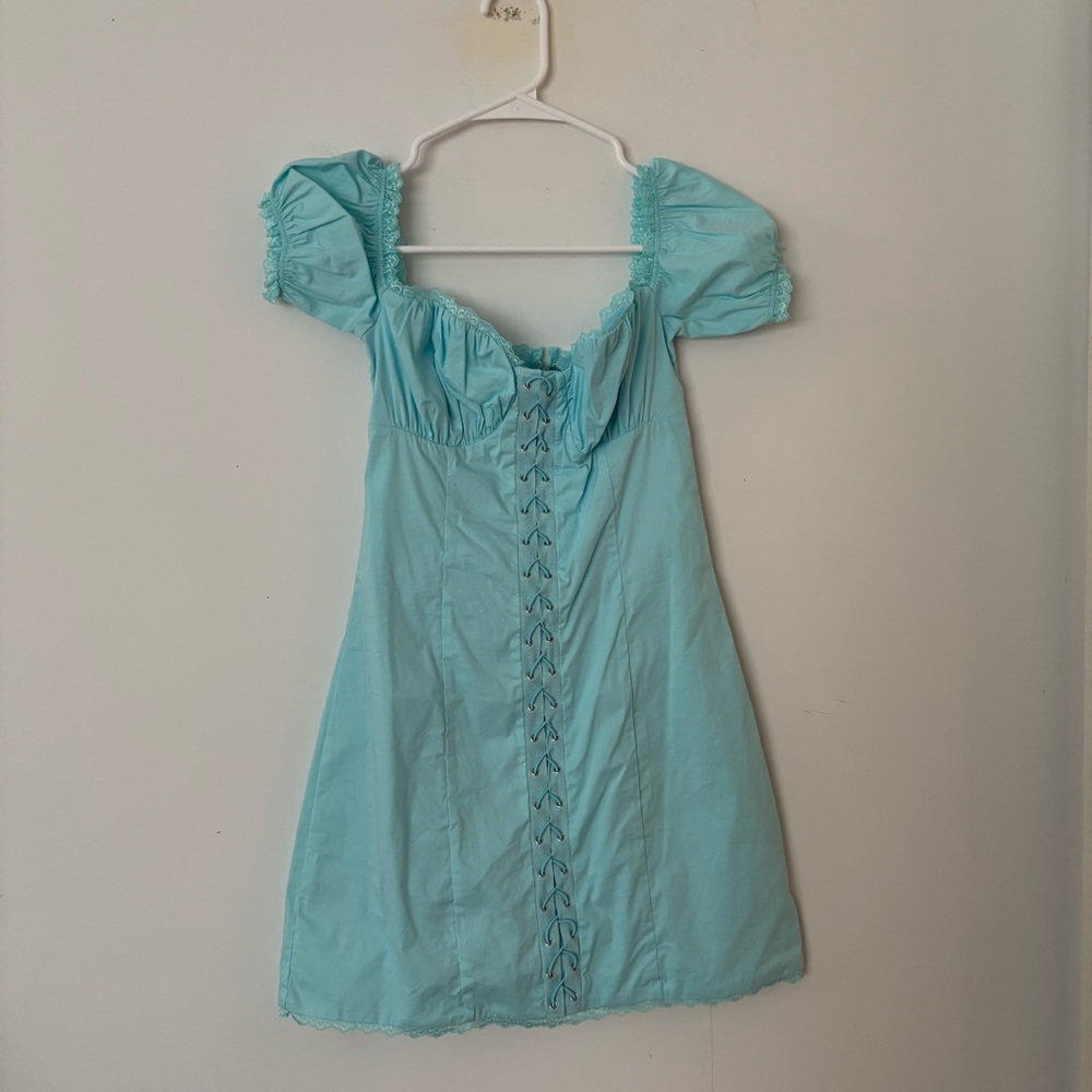 tiger mist aqua teal blue puff sleeve lace trim lace up bodycon mini dress🩵